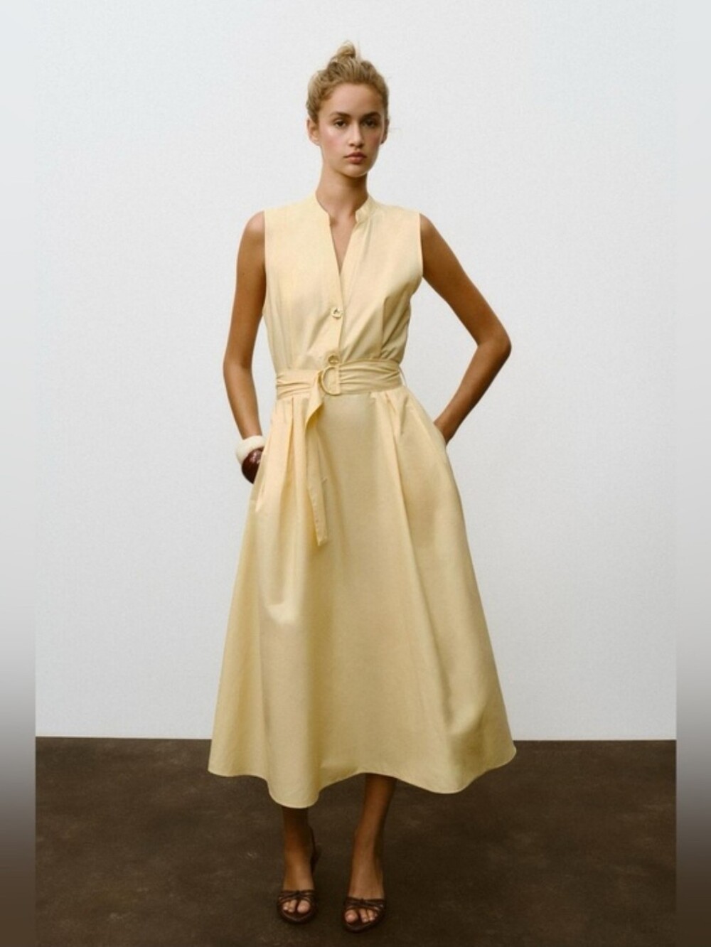 ZARA BELTED POPLIN MIDI DRESS COTTON YELLOW
